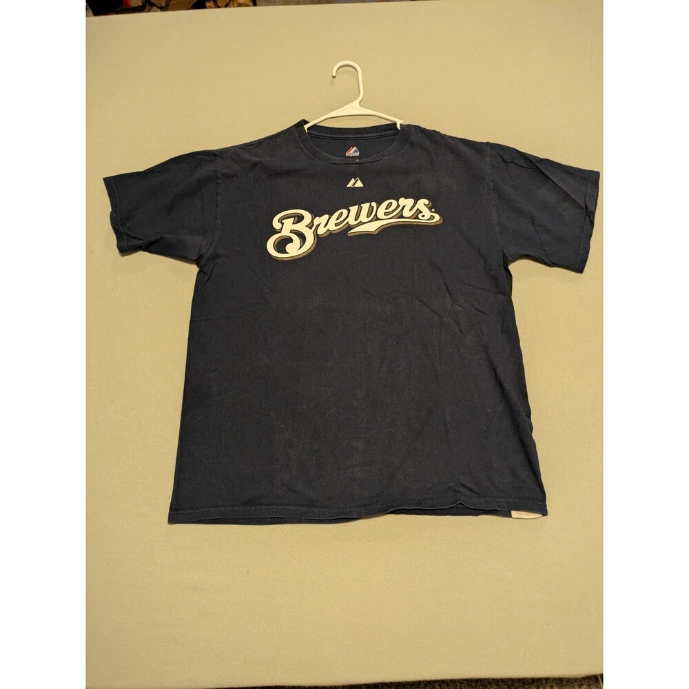 Vintage Majestic Milwaukee Brewers Prince Fielder 28 T Shirt Mens L Navy